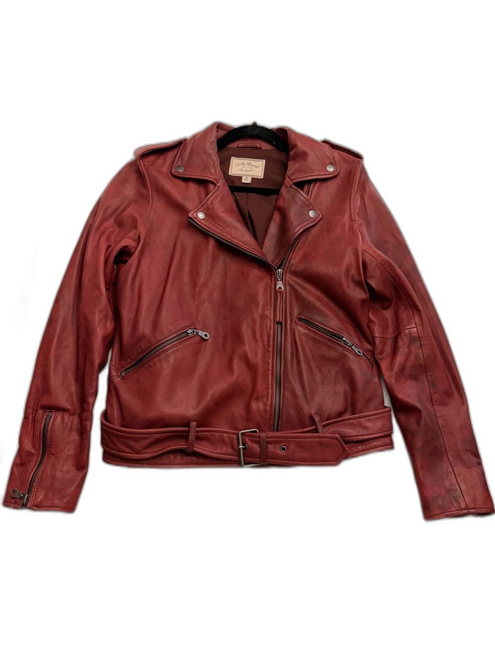 Lucky Brand Genuine 100% Lambskin Leather Belted Moto Biker Jacket Burgundy M